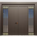 Dark Brown Double Front Door With Vertical Glass Panels And Geometric Patterns On Frame 3d model