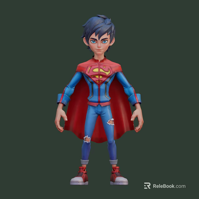 Stylish Game Movie Character With Blue Outfit Red Cape Yellow Emblem And Torn Pants 3d model 