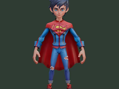 Stylish Game Movie Character With Blue Outfit Red Cape Yellow Emblem And Torn Pants 3d model