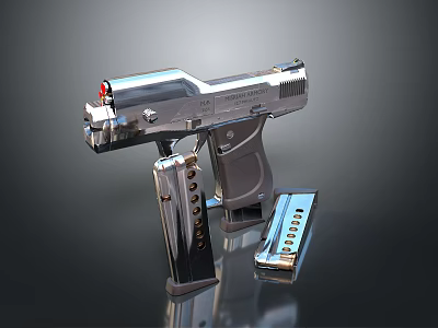 Highly Detailed Silver Handgun With Shiny Metallic Finish And Detachable Magazine 3d model