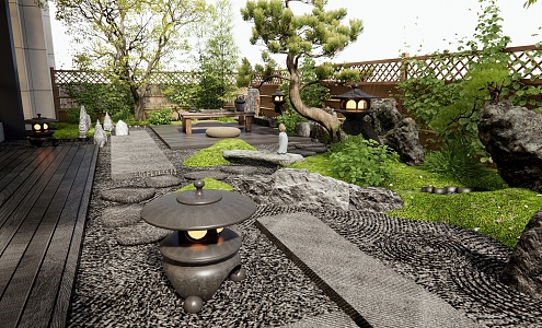 Zen Villa Courtyard Landscape Dry Landscape Landscaping Stone Tingbu Plant Pile Tea Table 3d model