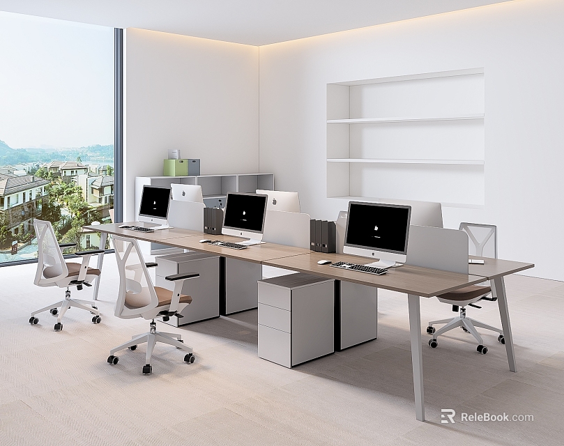 Modern Office Desk Setup With Computer Monitors Office Chairs And Scenic View Through Large Windows 3d model 