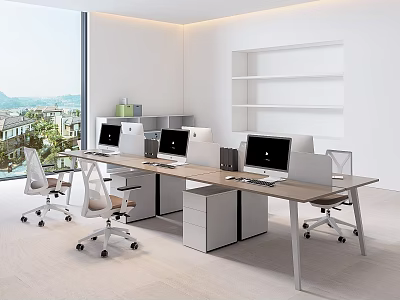 Modern Office Desk Setup With Computer Monitors Office Chairs And Scenic View Through Large Windows 3d model