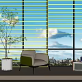 White Window Blinds With Green Armchair White Potted Tree Vintage Appliances City View Blue Sky