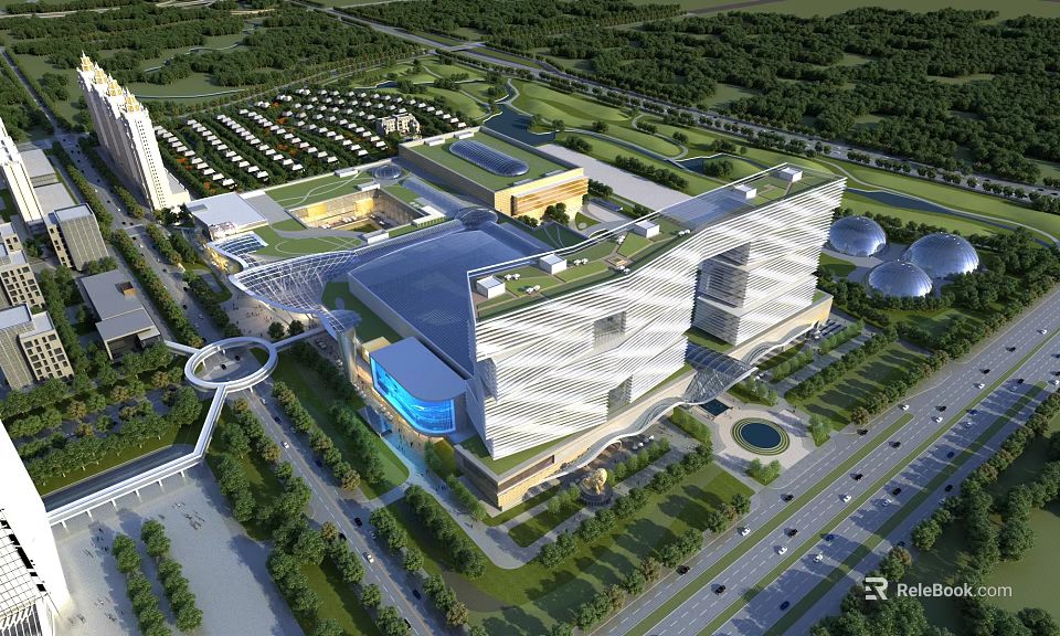 Birds Eye View Planning of Modern Architectural Complex with Green Zones Roads and Urban Facilities 3d model 