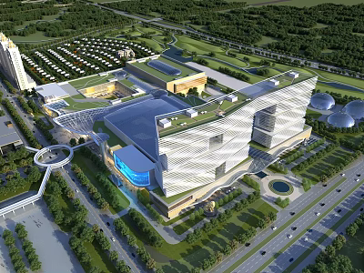 Birds Eye View Planning of Modern Architectural Complex with Green Zones Roads and Urban Facilities 3d model