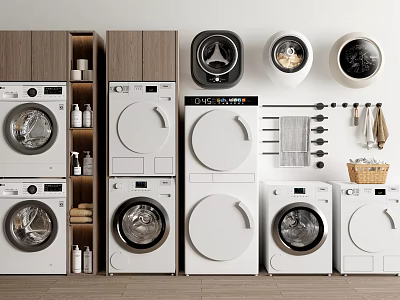 Modern Front Loading Washing Machines Stacked With Detergent Bottles And Towels 3d model