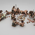 Early Human Tribe Processing Hunted Prey With Stone Tools And Sharing Meat Pieces 3d model