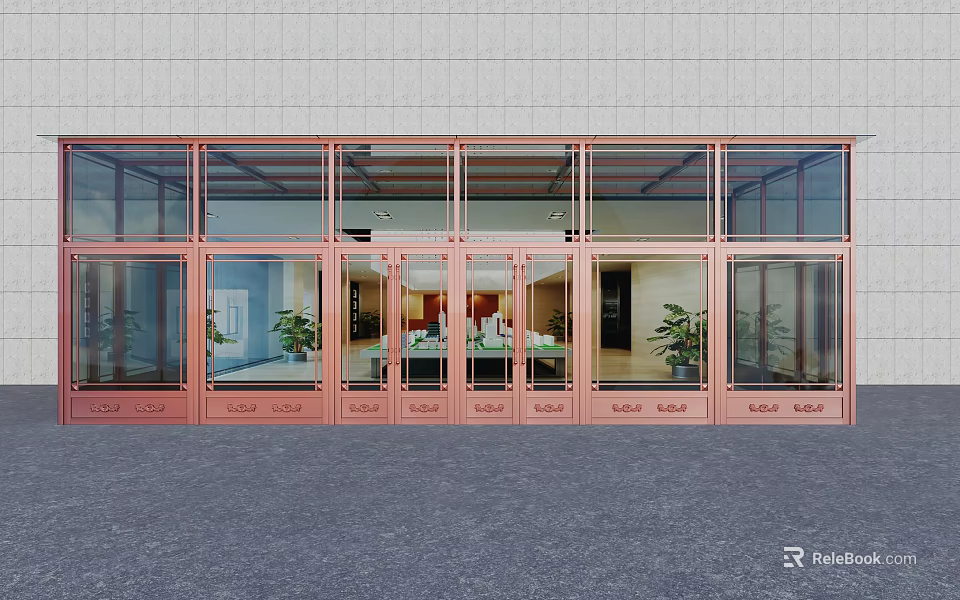 Spacious Entrance Door With Copper Frame Glass Doors And Green Plants Inside 3d model 