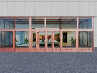 Spacious Entrance Door With Copper Frame Glass Doors And Green Plants Inside 3d model