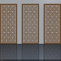 Three Light Colored Flush Doors On White Wall With Intricate Carved Patterns 3d model