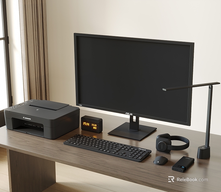 Modern Computer Desktop Setup with Monitor Printer Keyboard Mouse and Headphones 3d model 