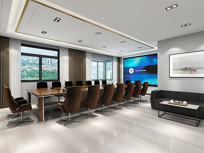 Modern Conference Room With Long Table Comfortable Chairs Large Screen And Sofa 3d model