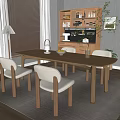 Modern Cozy Dining Room With Wooden Table Linen Chairs Window Blinds Storage Cabinet And Natural Light