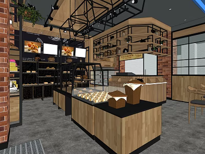 Dessert Shop Interior With Wooden Counter Fresh Pastries Display Cases And Brick Walls 3d model