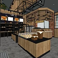 Dessert Shop Interior With Wooden Counter Fresh Pastries Display Cases And Brick Walls