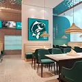 Modern Hotpot Restaurant Interior With Green Orange Decor Booth Seats And Pendant Lights