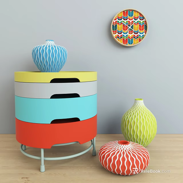 Colorful Modern Sideboard With Multiple Drawers Metal Legs Decorative Plate And Vases 3d model 