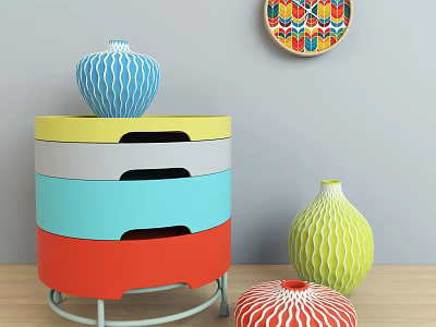 Colorful Modern Sideboard With Multiple Drawers Metal Legs Decorative Plate And Vases 3d model