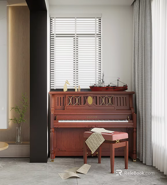 Mahogany Piano Musical Instrument with Art Sculptures Ship Model Stool Plant and Classic Indoor Decor 3d model 