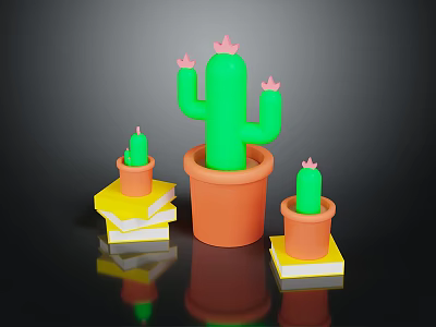Green Cactus in Orange Pot with Smaller Cacti Placed on Yellow Books 3d model