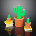 Green Cactus in Orange Pot with Smaller Cacti Placed on Yellow Books