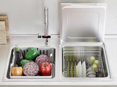 Modern Double Bowl Kitchen Sink Appliance for Washing Vegetables and Drying Utensils 3d model