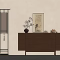 Wooden Entryway Console Cabinet With Drawers Vase Plant Floor Lamp And Painting