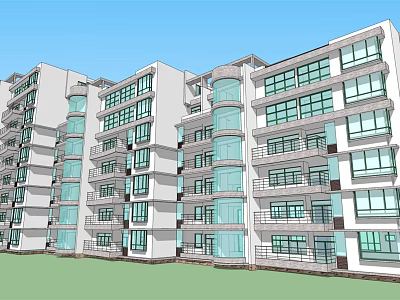 Modern Residential Exterior Design With Multiple Floors Glass Windows Balconies And Green Lawn 3d model