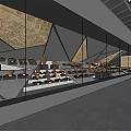 Modern Cultural Center Exhibition Hall With Ancient Pottery Exhibits And Geometric Display Shelves