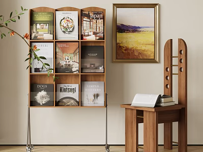 Mobile Wooden Bookshelf With Multiple Compartments Holding Magazines And Side Table Near Wall Art 3d model
