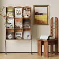 Mobile Wooden Bookshelf With Multiple Compartments Holding Magazines And Side Table Near Wall Art