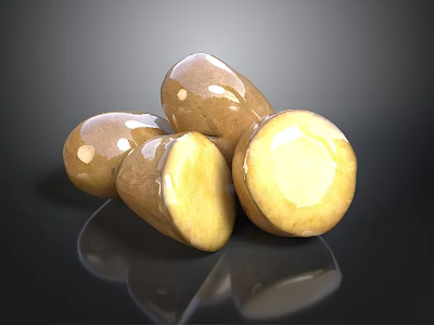 Golden Shiny Potatoes Whole and Sliced on Black Reflective Surface 3d model