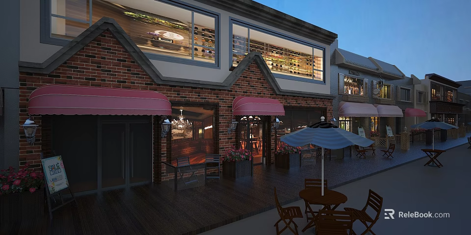 Charming Commercial Street With Red Brick Buildings Red Awnings Outdoor Seating And Wooden Deck 3d model 