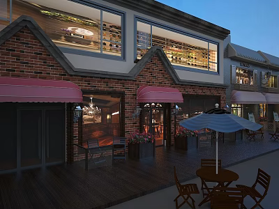 Charming Commercial Street With Red Brick Buildings Red Awnings Outdoor Seating And Wooden Deck 3d model