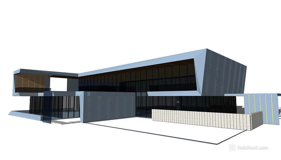 Modern Geometric Building Design With Large Glass Windows And Gray Exterior 3d model 
