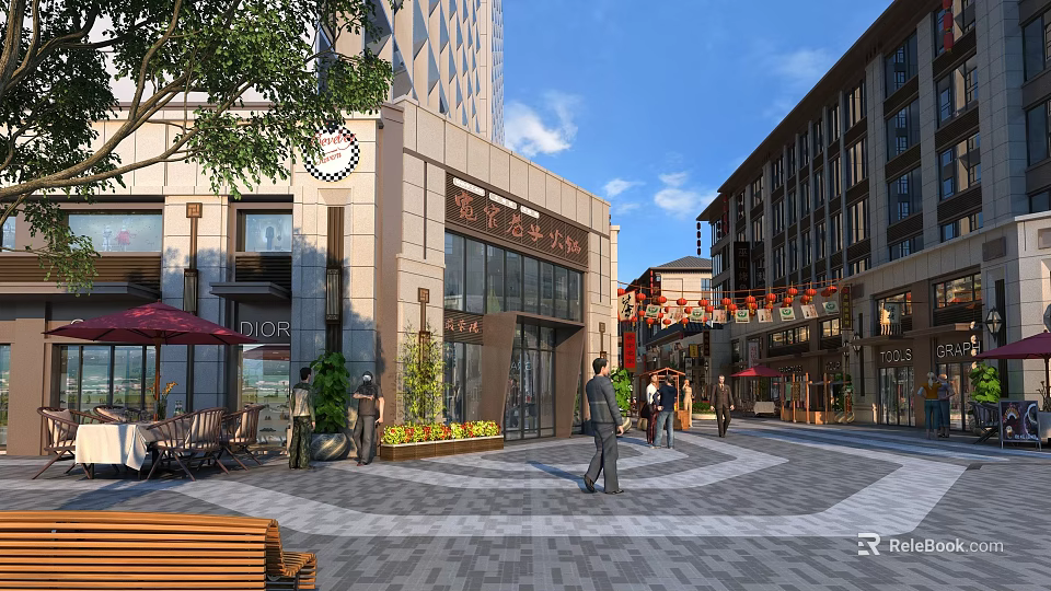 Vibrant Commercial Street With Pedestrian Area Traditional Modern Buildings Shops Decorative Lanterns And Outdoor Seating 3d model 