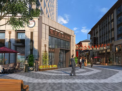 Vibrant Commercial Street With Pedestrian Area Traditional Modern Buildings Shops Decorative Lanterns And Outdoor Seating 3d model