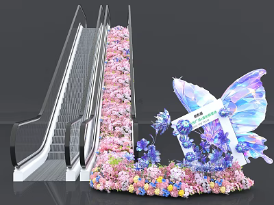 Art Installation With Colorful Flowers And Large Butterfly Sculpture Beside Escalator 3d model