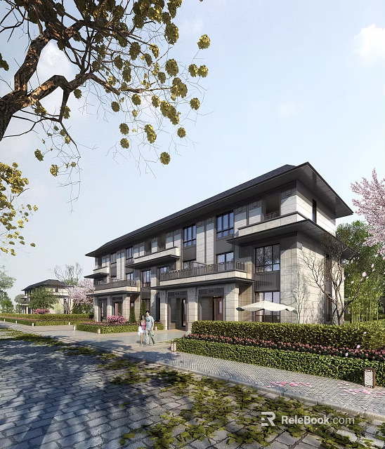 Modern Detached Villa Exterior Design With Gray Stone Facade Balconies And Landscaped Garden 3d model 