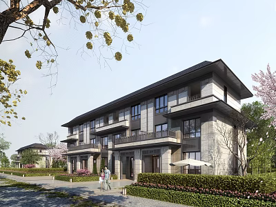 Modern Detached Villa Exterior Design With Gray Stone Facade Balconies And Landscaped Garden 3d model