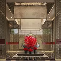 Luxury Traditional Chinese Style Hotel Lobby With Exquisite Classic Partitions And Vibrant Red Floral Decorations