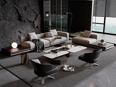 Modern Sofa And Coffee Table Set In Living Room With Accent Chairs And Rug 3d model
