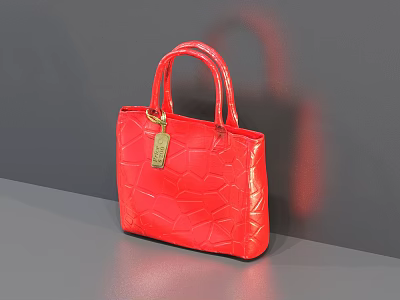 Red Crocodile Texture Handbag With Top Handles And Gold Tag On Gray Surface 3d model