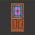 Orange Wooden Hinged Door With Stained Glass Panel Featuring Blue Pink Green And Star Design