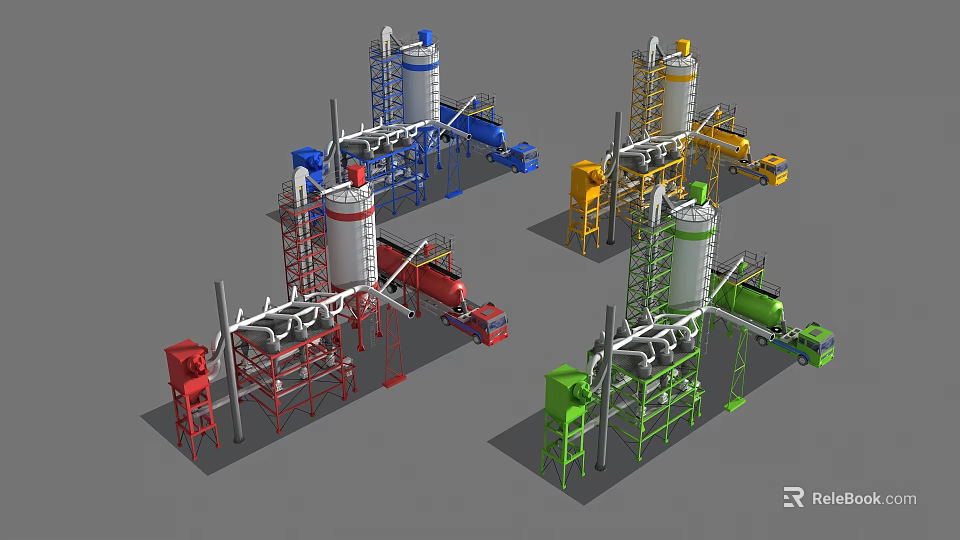 Colorful Industrial Mixing Plant Equipment with Tower Structures Piping and Transport Vehicles 3d model 