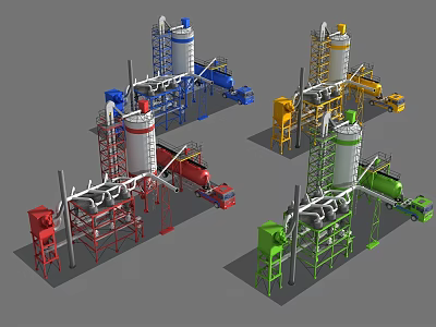 Colorful Industrial Mixing Plant Equipment with Tower Structures Piping and Transport Vehicles 3d model