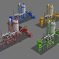 Colorful Industrial Mixing Plant Equipment with Tower Structures Piping and Transport Vehicles