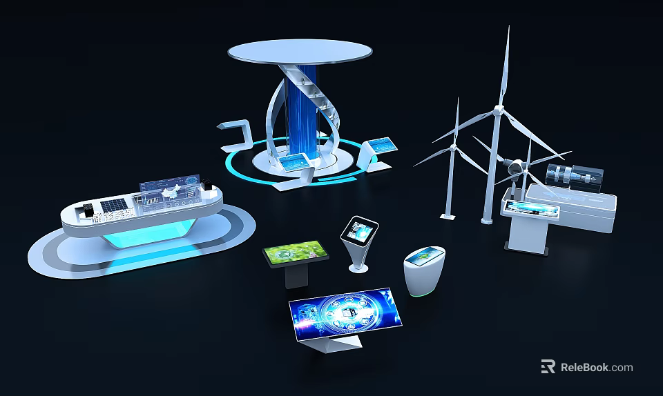 Hi Tech Open Interactive Zone With Wind Turbines Digital Displays And Touch Devices 3d model 