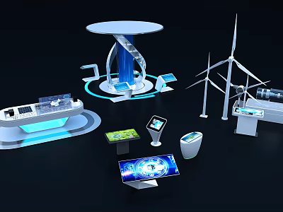 Hi Tech Open Interactive Zone With Wind Turbines Digital Displays And Touch Devices 3d model